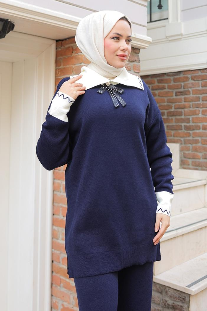 Bebe Yaka Tunik Pantolon Triko Takım 1300 - Lacivert