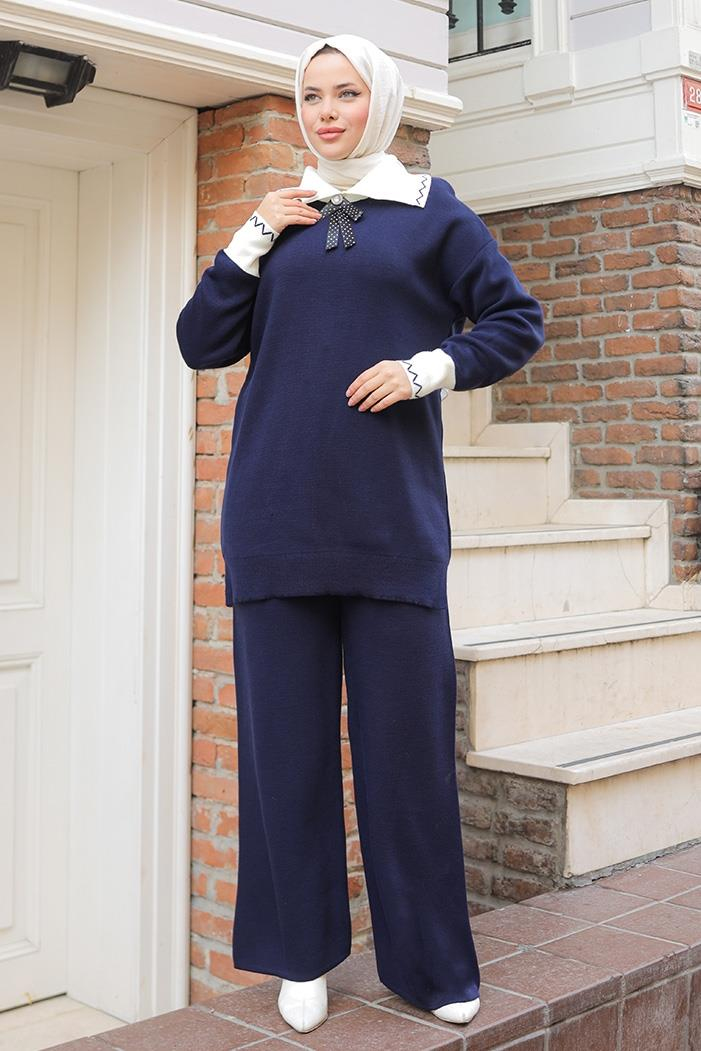 Bebe Yaka Tunik Pantolon Triko Takım 1300 - Lacivert