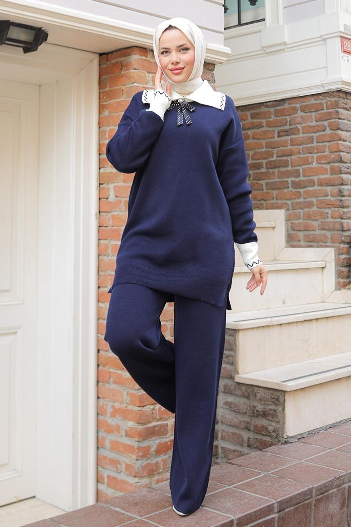 Bebe Yaka Tunik Pantolon Triko Takım 1300 - Lacivert