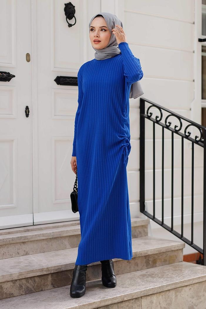 Begin Büzgülü Triko Elbise 1219 - Saks Mavisi