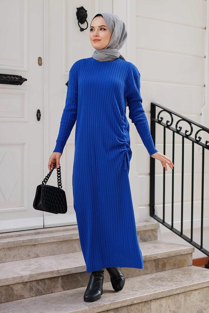 Begin Büzgülü Triko Elbise 1219 - Saks Mavisi