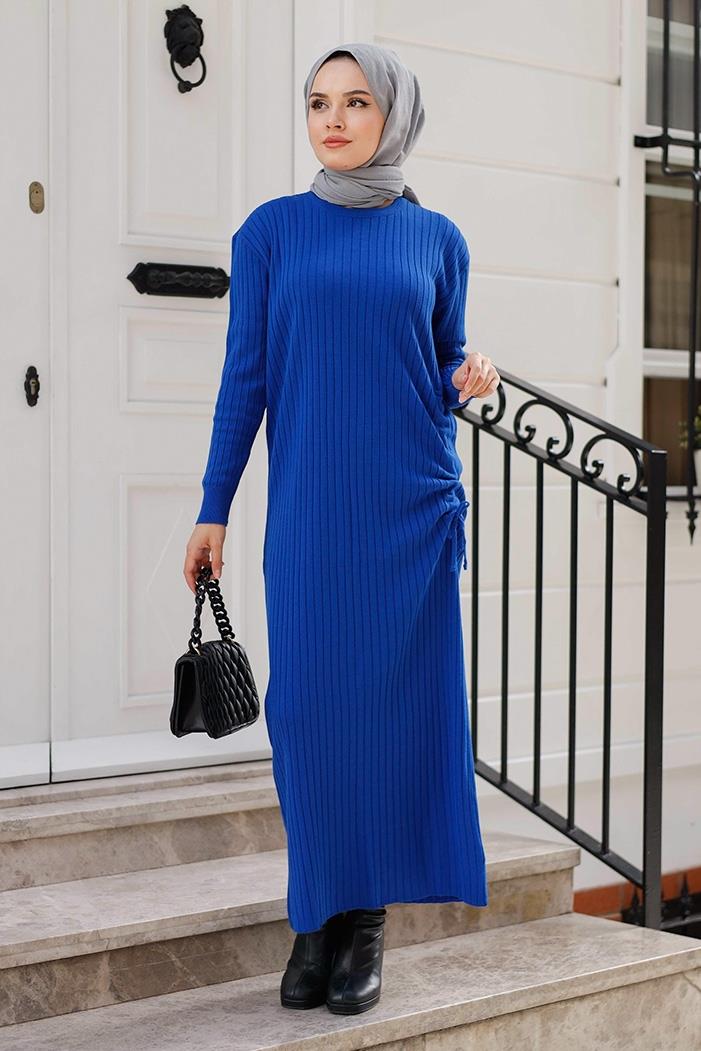 Begin Büzgülü Triko Elbise 1219 - Saks Mavisi