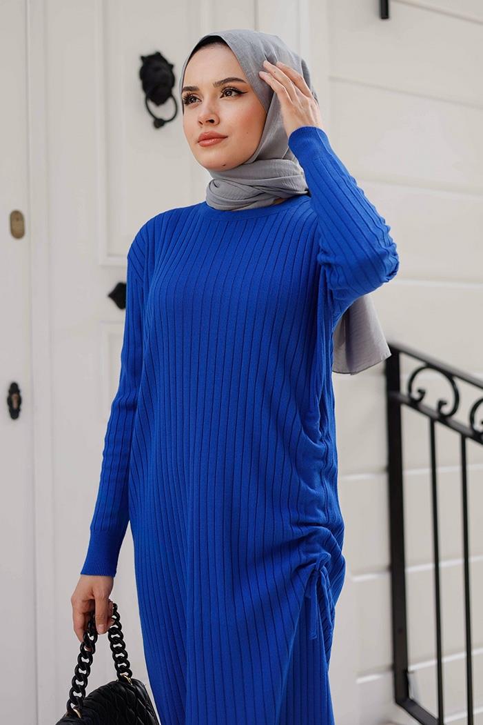 Begin Büzgülü Triko Elbise 1219 - Saks Mavisi