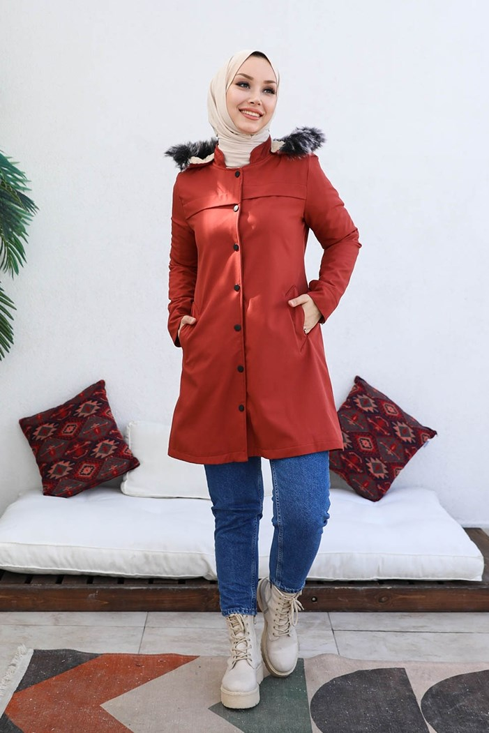 Belgi İçi Kürkü Çift Cepli Düğmeli Tesettür Mont 373 - Kiremit