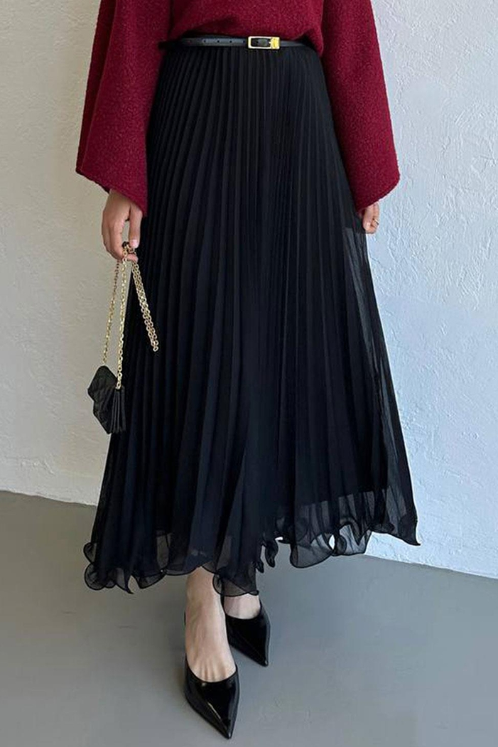 Beli Lastikli Şifon Etek 1402 - Siyah