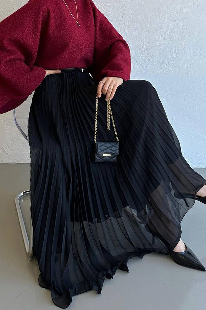 Beli Lastikli Şifon Etek 1402 - Siyah