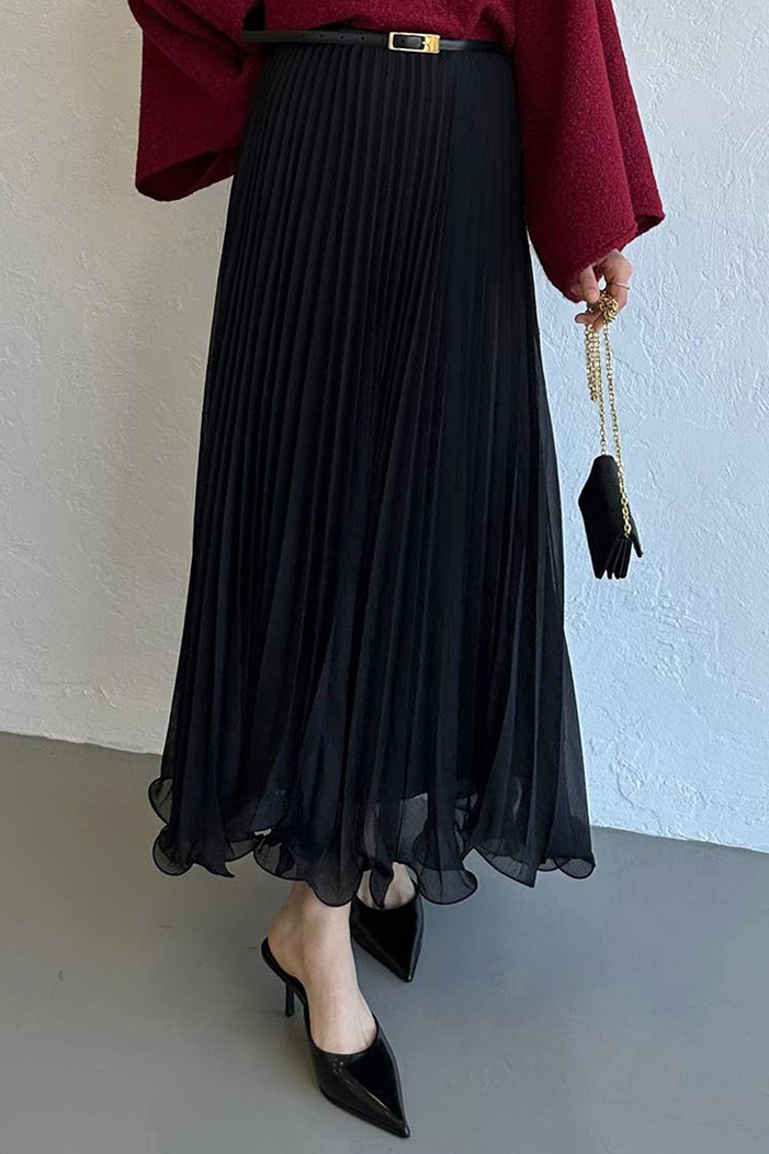 Beli Lastikli Şifon Etek 1402 - Siyah