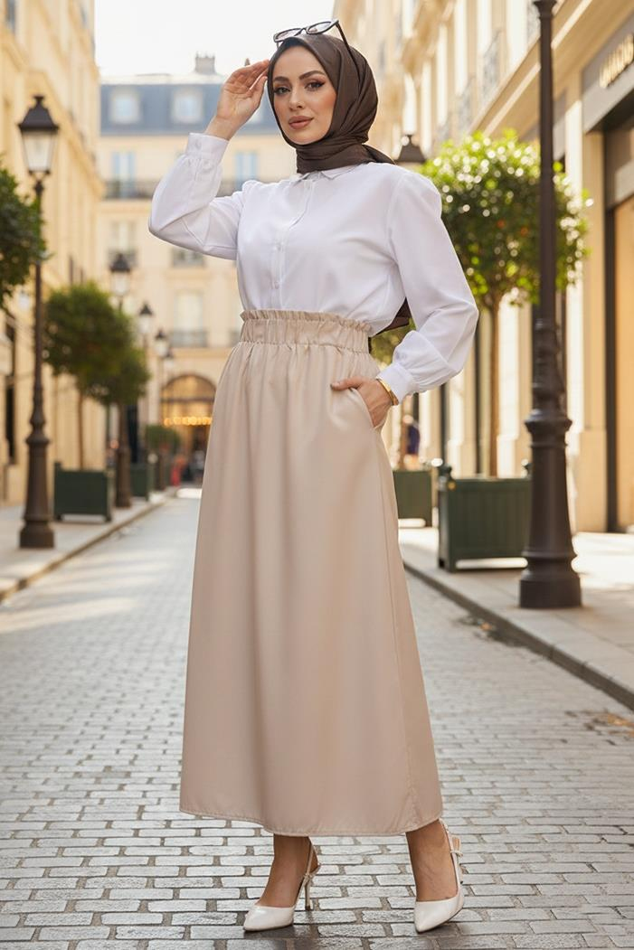 Benja Beli Lastikli Gabardin Etek 1405 - Bej