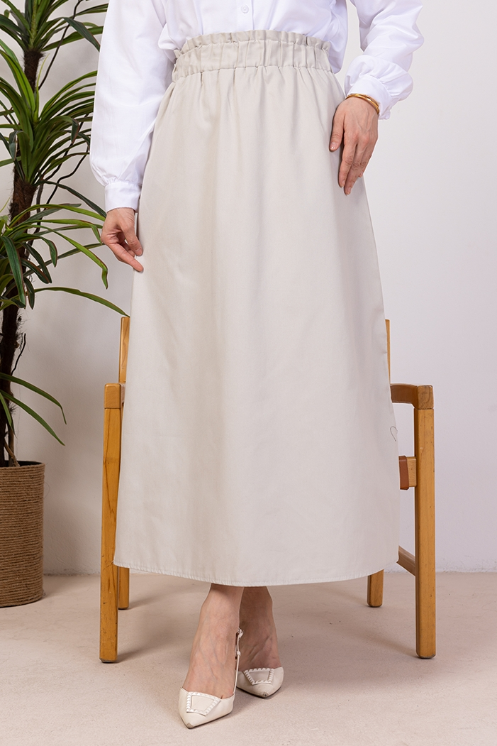 Benja Beli Lastikli Gabardin Etek 1405 - Krem