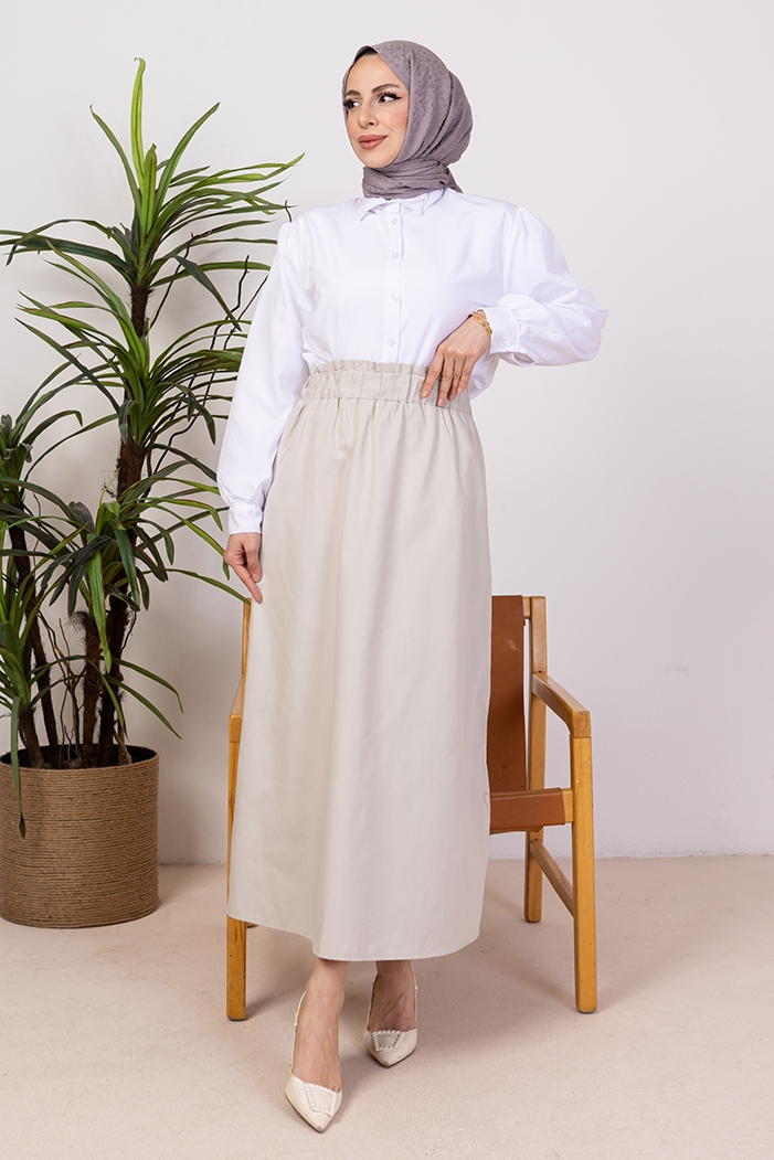 Benja Beli Lastikli Gabardin Etek 1405 - Krem