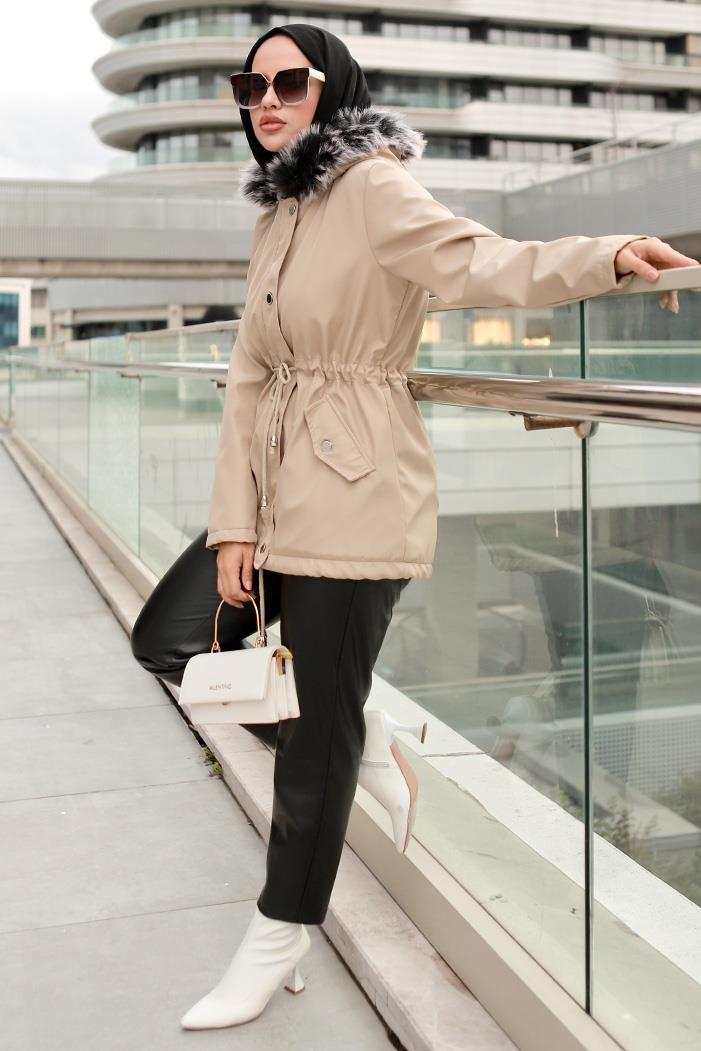 Berfin İçi Kürklü Çift Cepli Tesettür Mont 364 - Taş