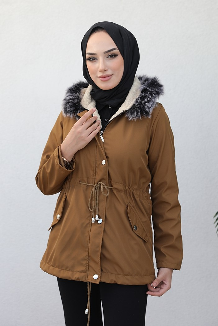 Berfin İçi Kürklü Çift Cepli Tesettür Mont 364 - Taba