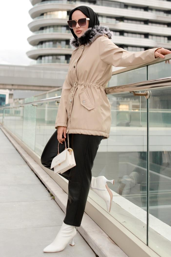 Berfin İçi Kürklü Çift Cepli Tesettür Mont 364 - Taş