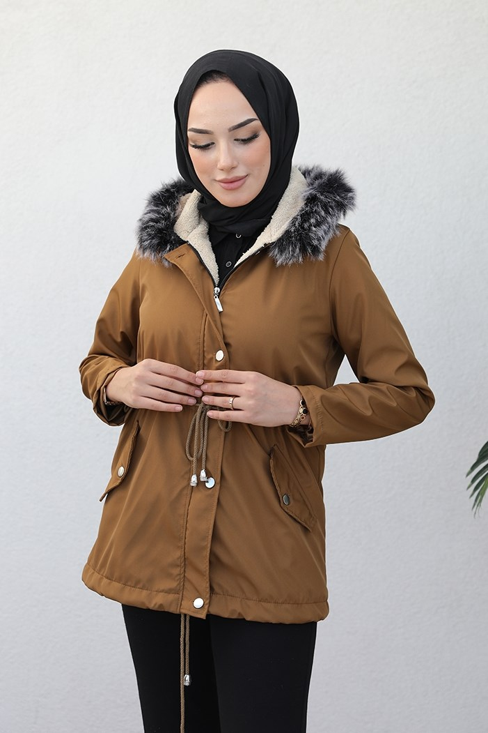 Berfin İçi Kürklü Çift Cepli Tesettür Mont 364 - Taba