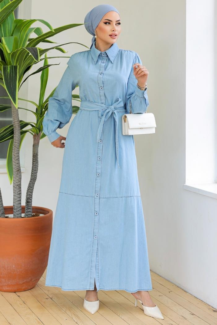 Boydan Düğmeli Kot Elbise 894 - Açık Mavi