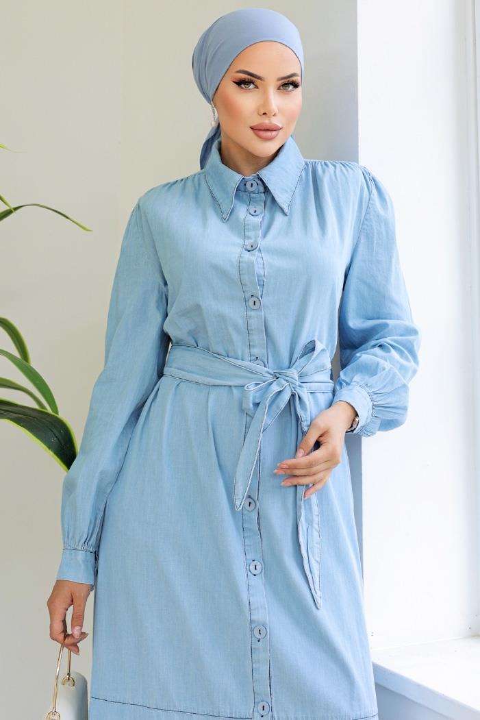 Boydan Düğmeli Kot Elbise 894 - Açık Mavi