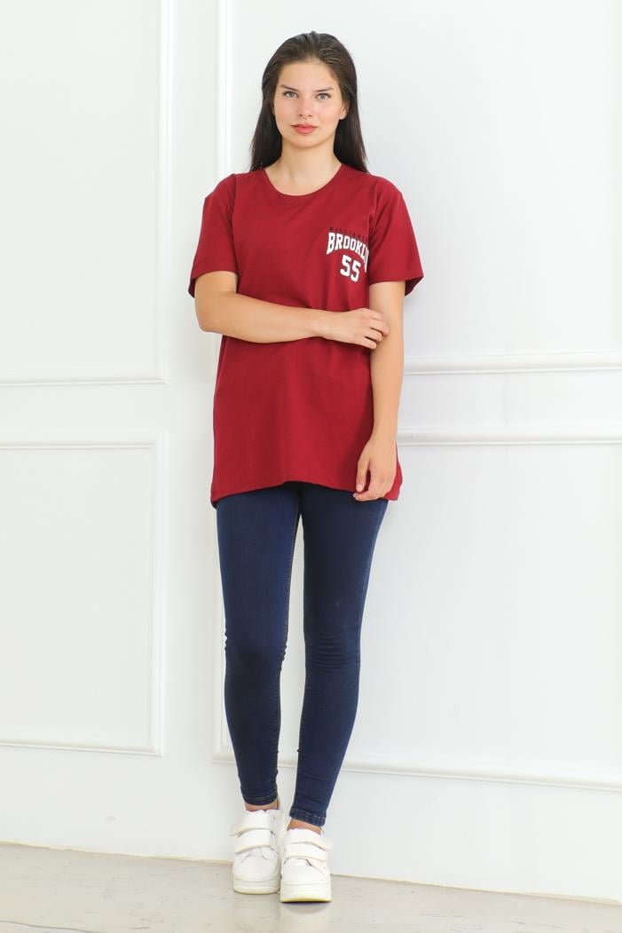 Brooklyn Baskılı Tişört 1076 - Bordo