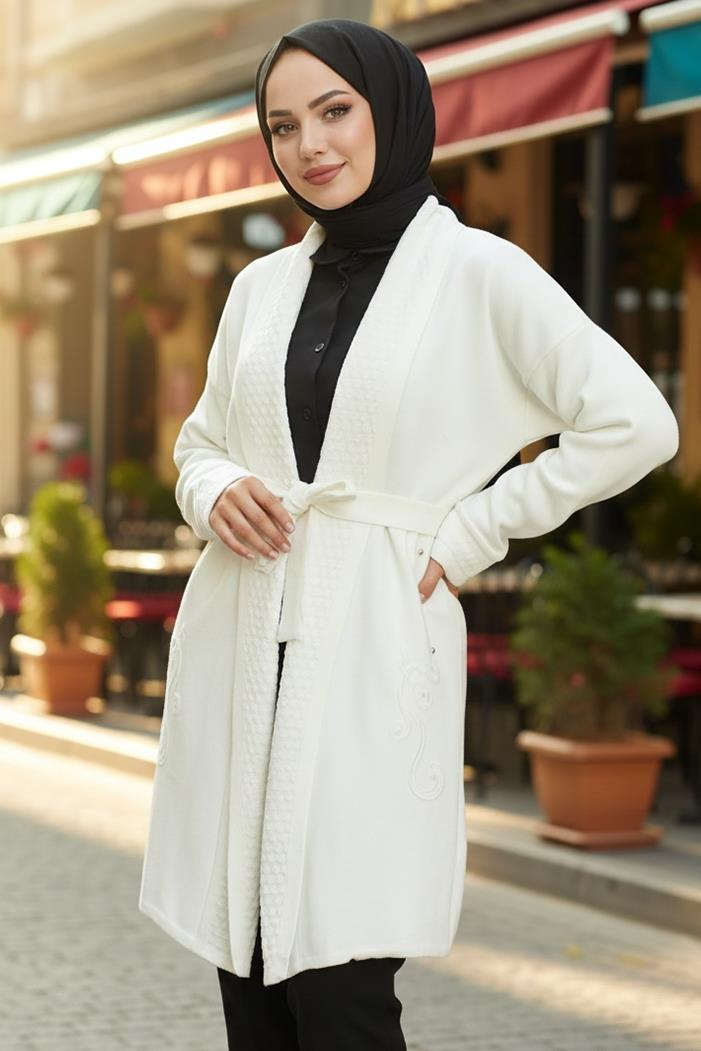 Buğlem İşlemeli Triko Hırka 1192 - Ekru