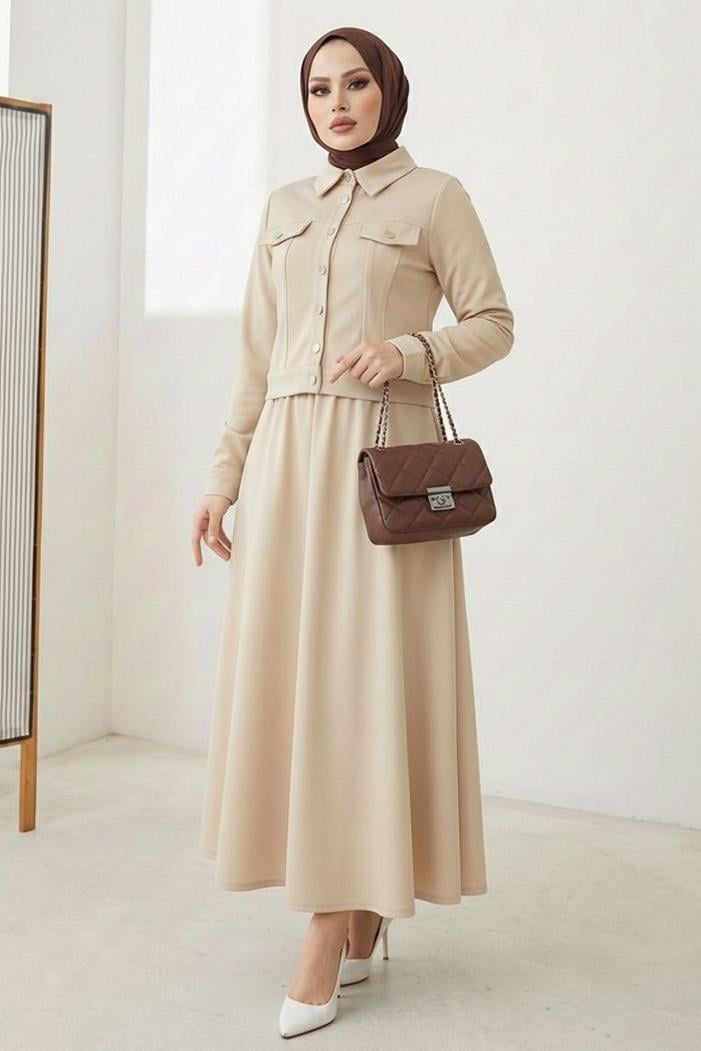 Ceket Etek Scuba İkili Takım 1614 - Bej