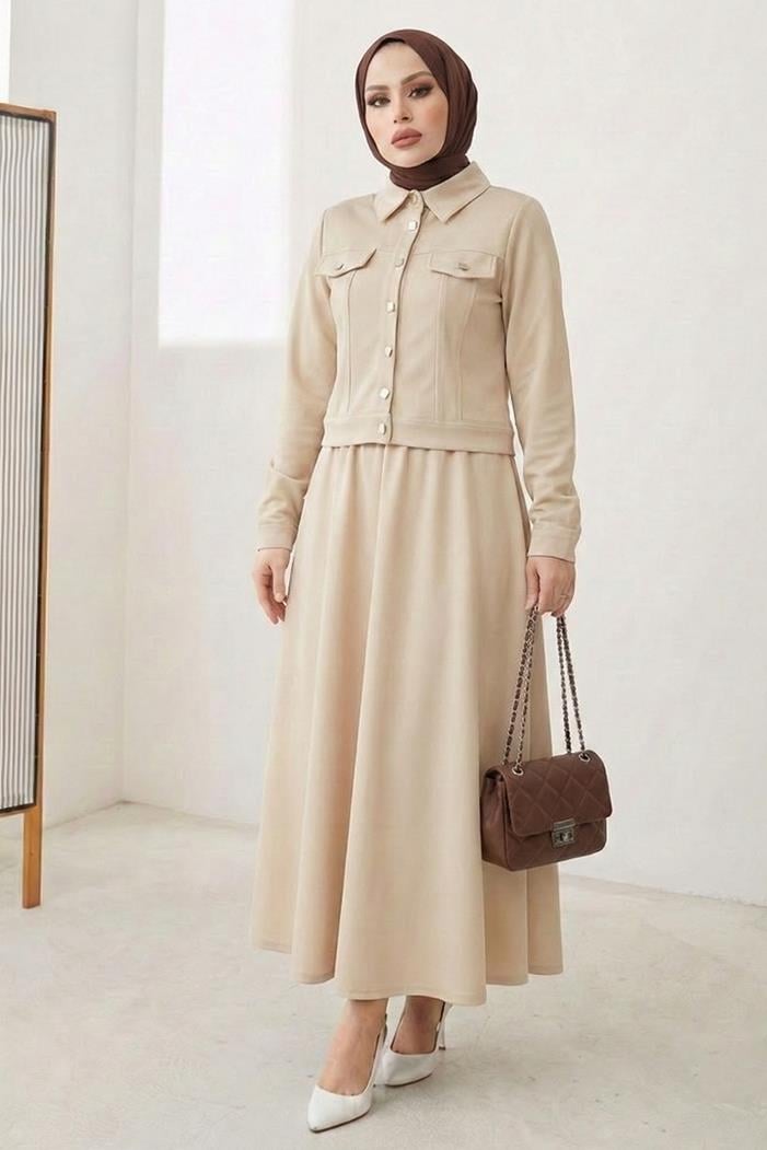 Ceket Etek Scuba İkili Takım 1614 - Bej