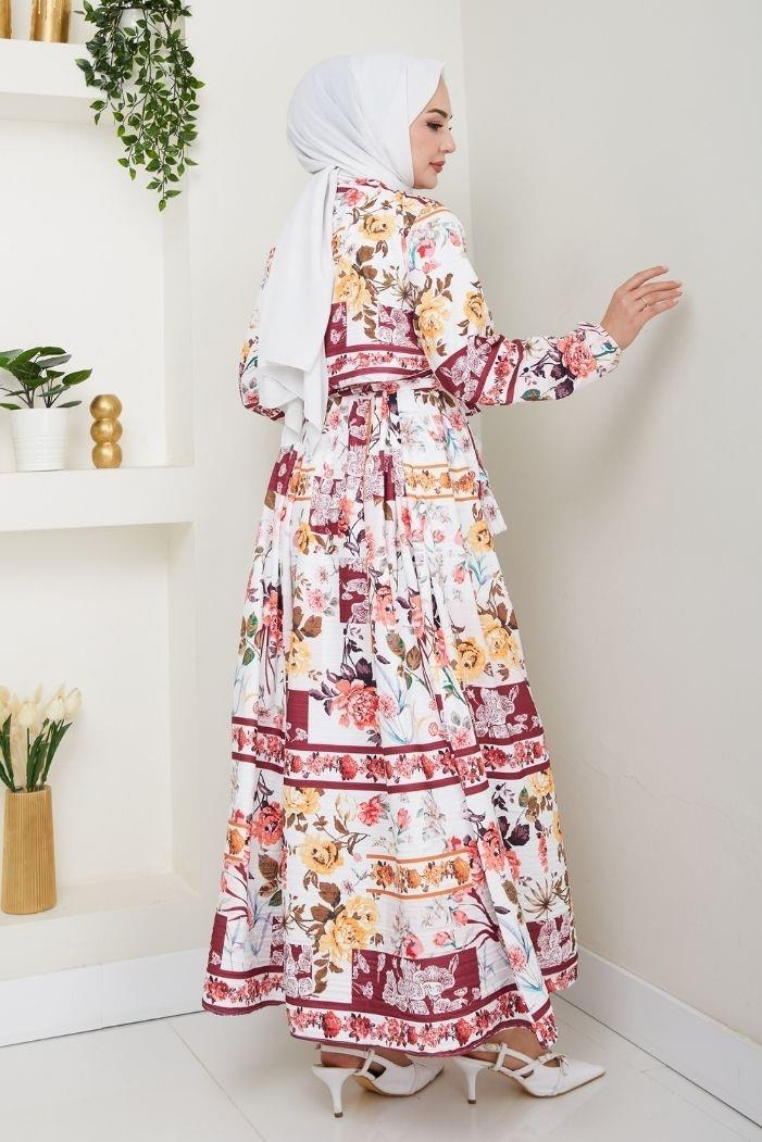 Çiçek Desen Bluz Etek İkili Takım 1466 - Bordo