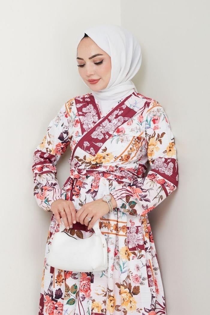 Çiçek Desen Bluz Etek İkili Takım 1466 - Bordo