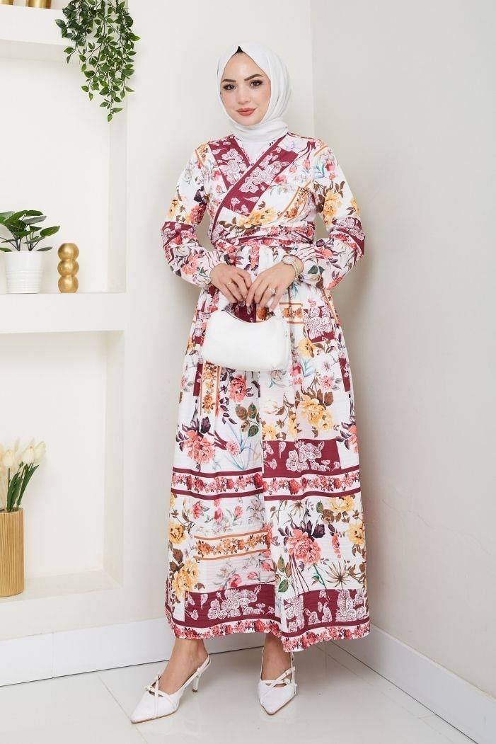 Çiçek Desen Bluz Etek İkili Takım 1466 - Bordo