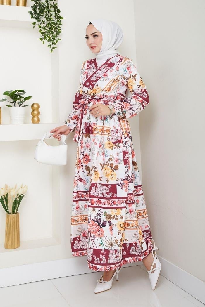 Çiçek Desen Bluz Etek İkili Takım 1466 - Bordo