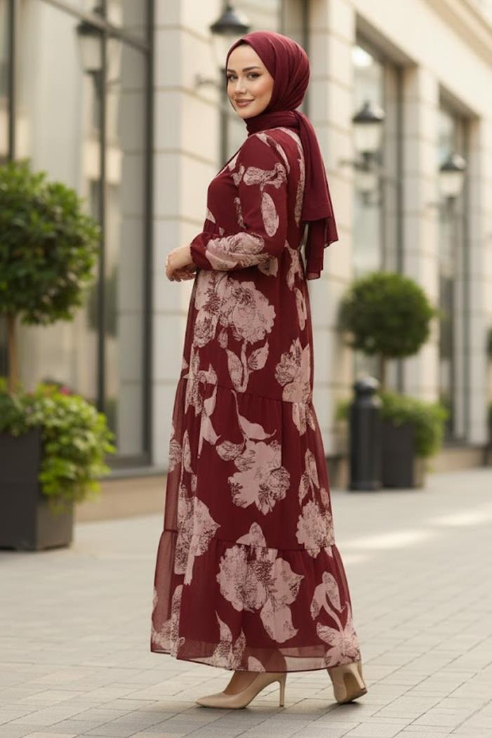 Çiçek Desen Şifon Elbise 1351 - Bordo