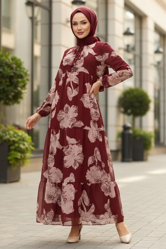 Çiçek Desen Şifon Elbise 1351 - Bordo