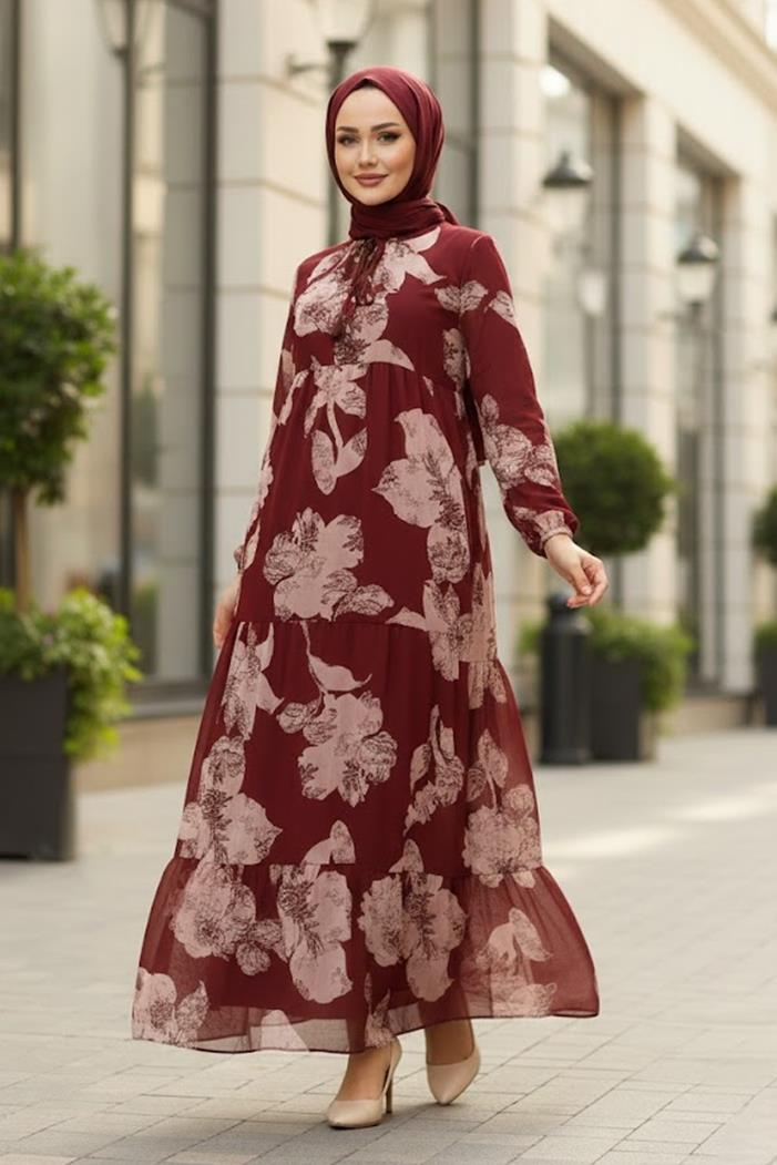 Çiçek Desen Şifon Elbise 1351 - Bordo