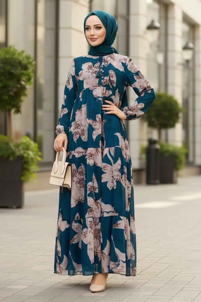 Çiçek Desen Şifon Elbise 1351 - İndigo