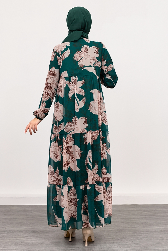Çiçek Desen Şifon Elbise 1351 - Zümrüt Yeşili