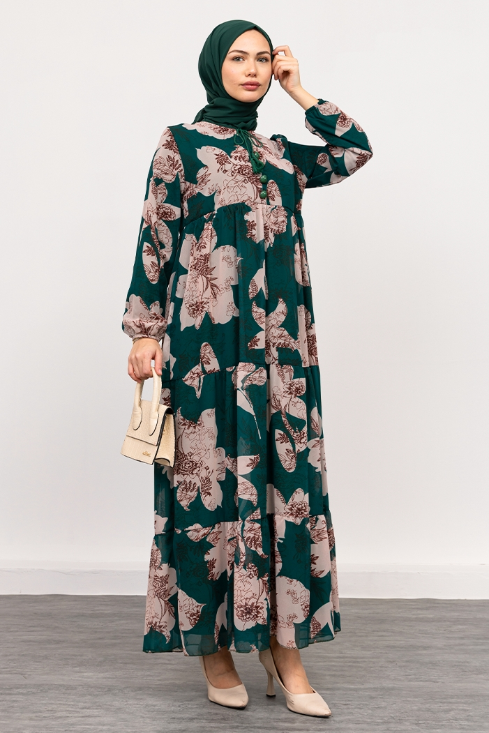 Çiçek Desen Şifon Elbise 1351 - Zümrüt Yeşili