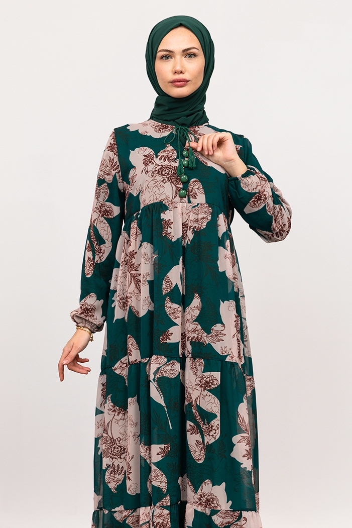 Çiçek Desen Şifon Elbise 1351 - Zümrüt Yeşili