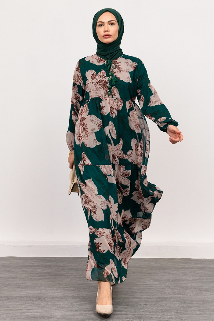 Çiçek Desen Şifon Elbise 1351 - Zümrüt Yeşili