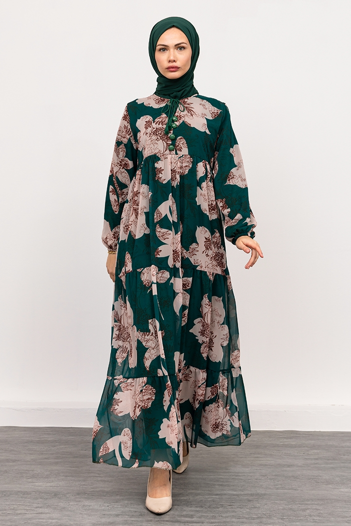 Çiçek Desen Şifon Elbise 1351 - Zümrüt Yeşili