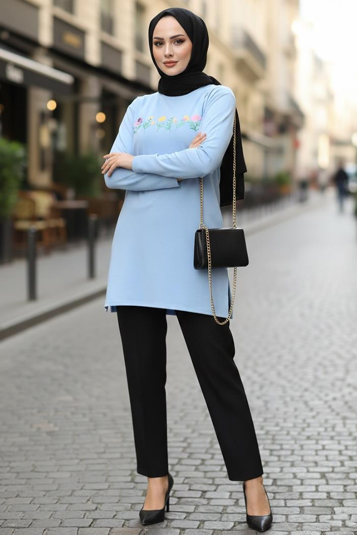 Çiçek Desen Tesettür Tunik 1425 - Bebe Mavi