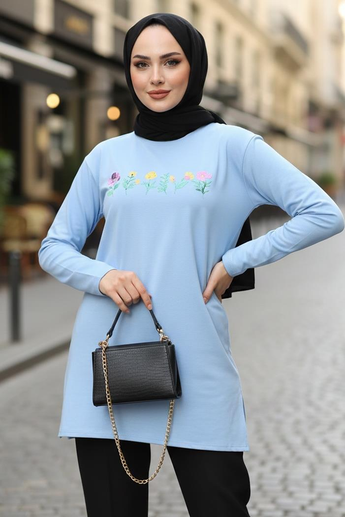 Çiçek Desen Tesettür Tunik 1425 - Bebe Mavi