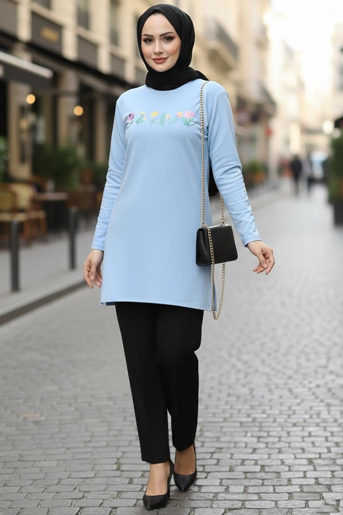 Çiçek Desen Tesettür Tunik 1425 - Bebe Mavi