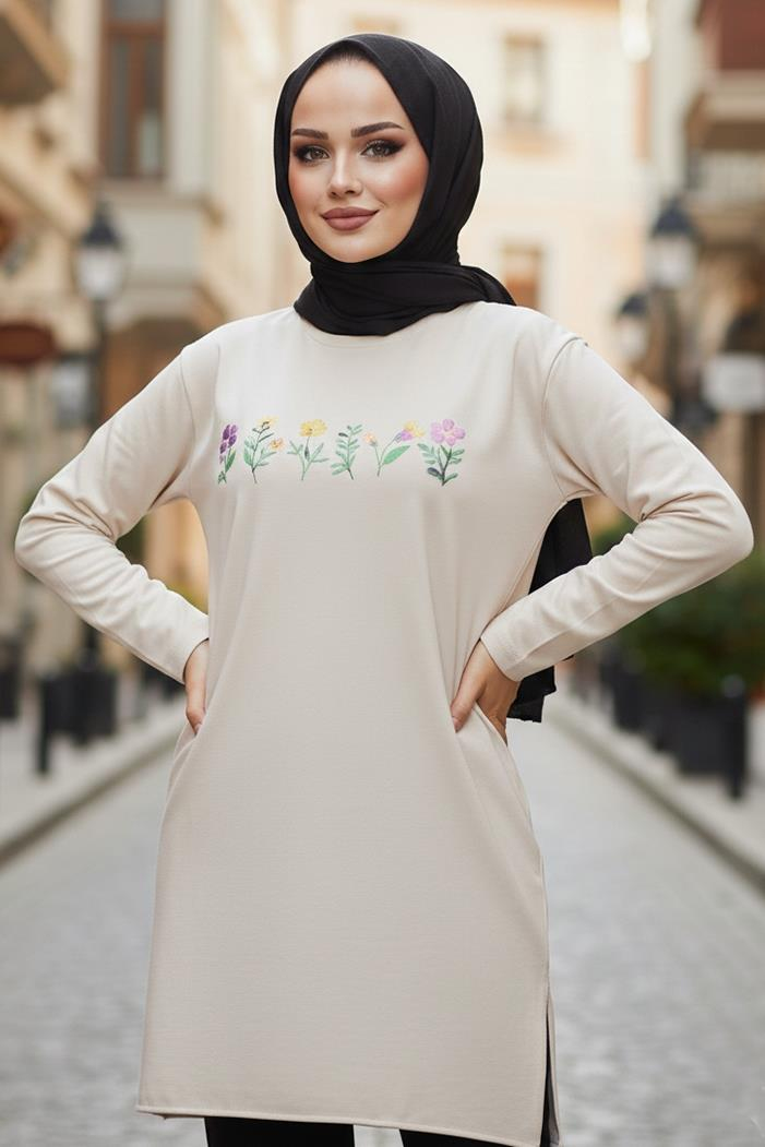 Çiçek Desen Tesettür Tunik 1425 - Bej