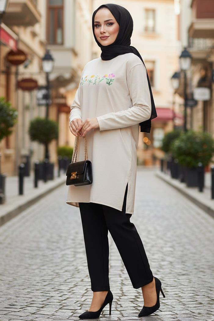 Çiçek Desen Tesettür Tunik 1425 - Bej