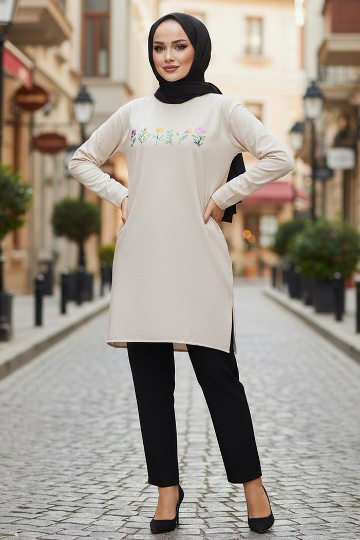 Çiçek Desen Tesettür Tunik 1425 - Bej