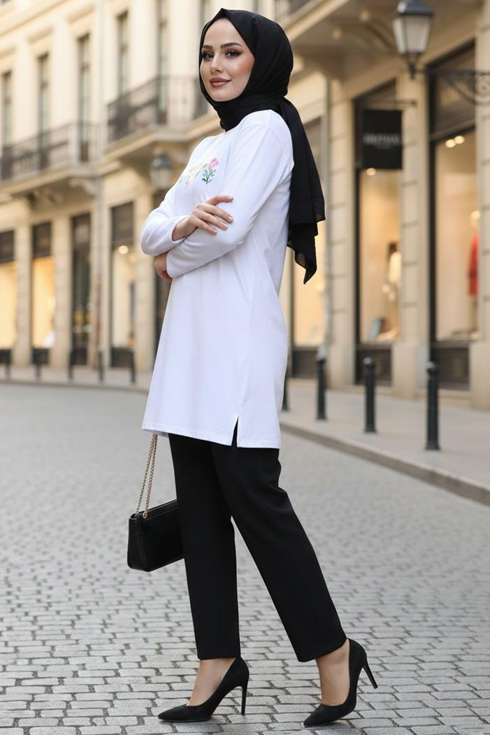 Çiçek Desen Tesettür Tunik 1425 - Beyaz