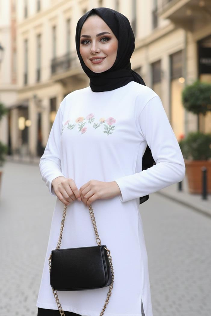 Çiçek Desen Tesettür Tunik 1425 - Beyaz