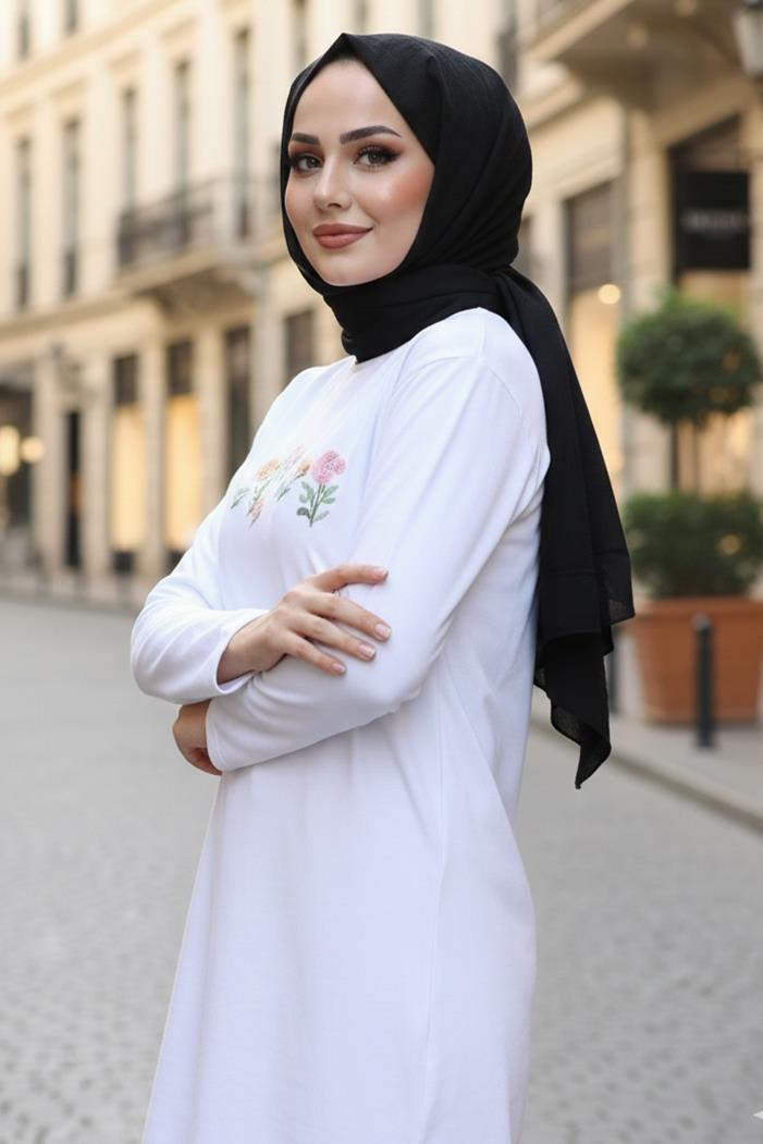 Çiçek Desen Tesettür Tunik 1425 - Beyaz