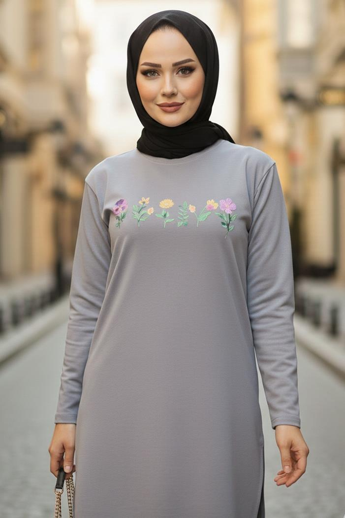 Çiçek Desen Tesettür Tunik 1425 - Gri