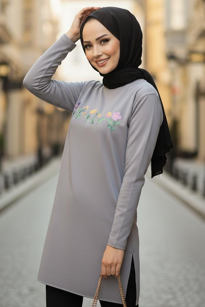 Çiçek Desen Tesettür Tunik 1425 - Gri