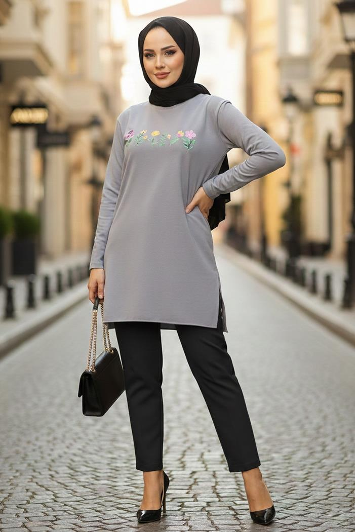 Çiçek Desen Tesettür Tunik 1425 - Gri