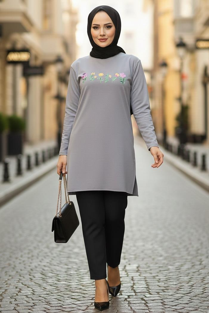 Çiçek Desen Tesettür Tunik 1425 - Gri
